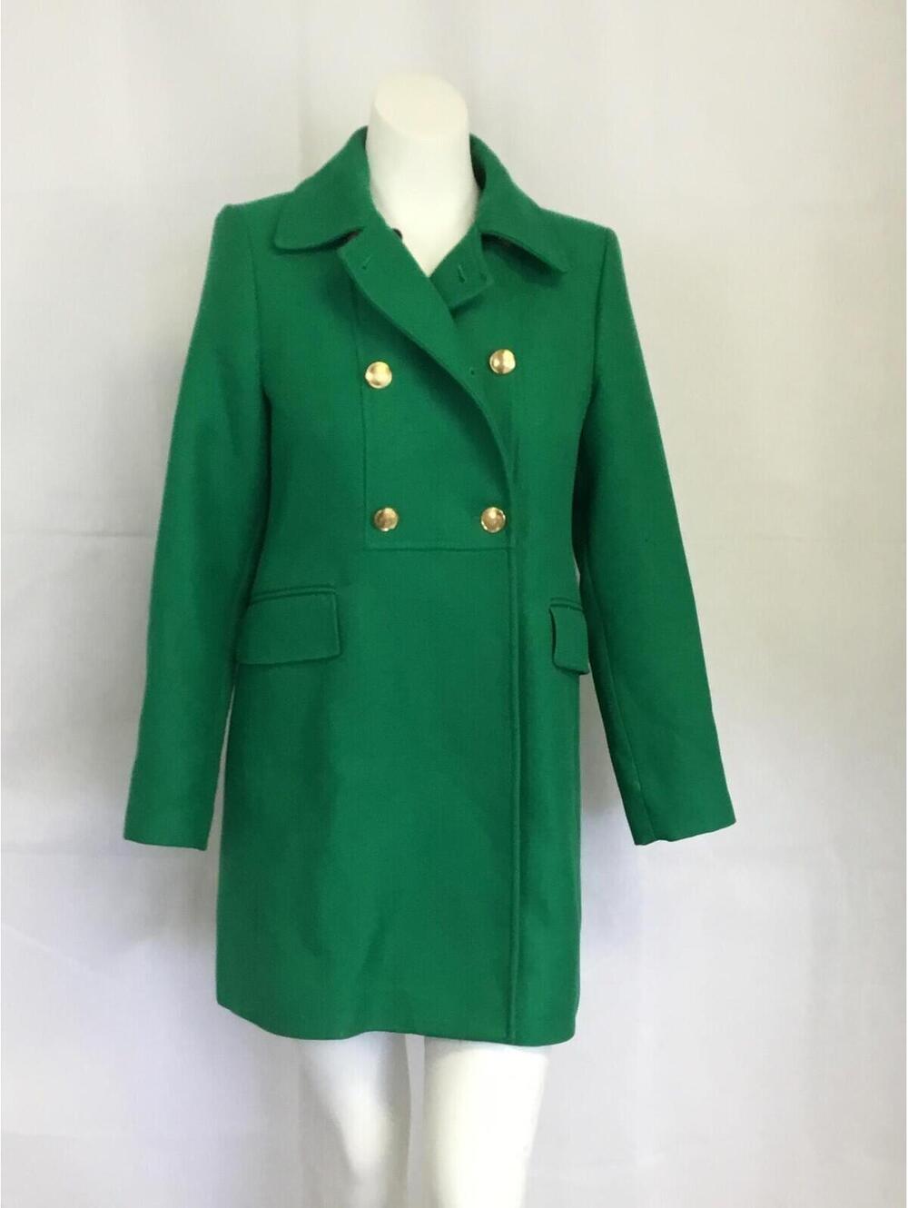 [372] Zara Coat Womens S Green Wool Pea Double Breasted Gold Button Mid Length